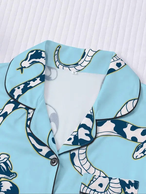 Women's Snake Print Pajama Set, Casual Comfy Short Sleeve Top & Shorts Pajama Set, Ladies Sleepwear for All Seasons, Womenswear, Pjs, Pyjamas