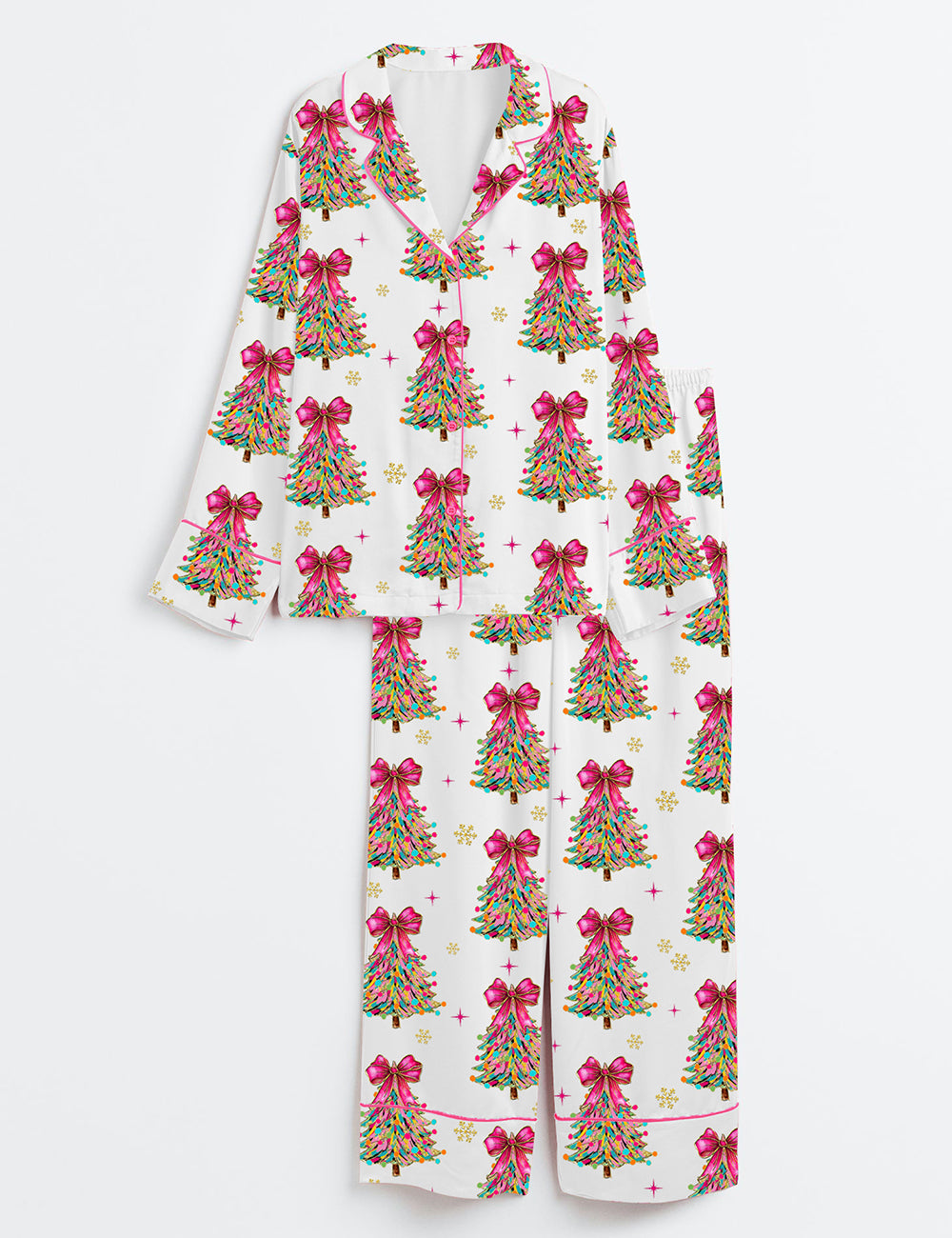 Women’s Colorful Coquette Glitter Christmas Tree Long Sleeve Satin Pajama Set