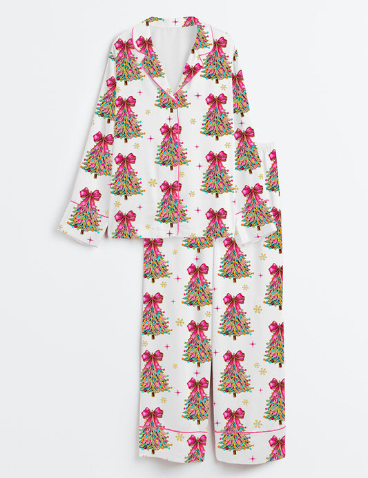 Women’s Colorful Coquette Glitter Christmas Tree Long Sleeve Satin Pajama Set