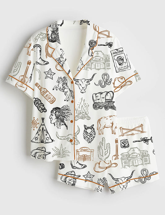 Women’s Cowboy Whimsical Wild West Western Party Short Sleeve Satin Pajama Set