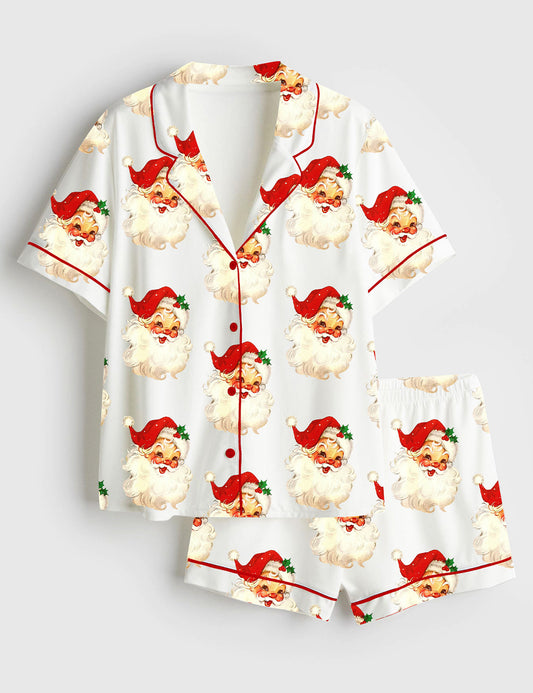 Women’s Merry And Bright Vintage Santa Christmas Retro Santa Claus Christmas Family Short Sleeve Satin Pajama Set