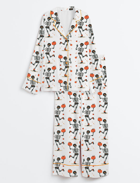 Women’s Slightly Subtle Skeleton Halloween Spooky Trick Or Treat Fall Vibes Long Sleeve Satin Pajama Set