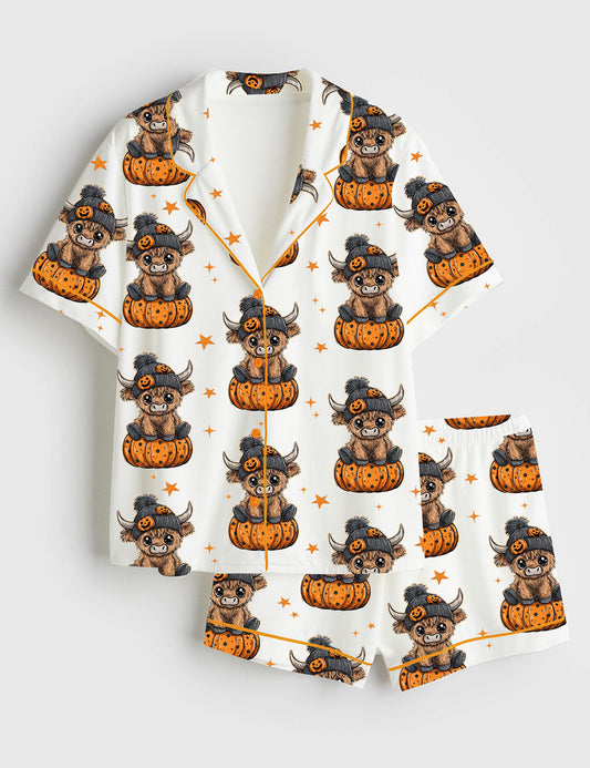 Women’s Funny Fall Halloween Pumpkin Highland Cow Short Sleeve Satin Pajama Set