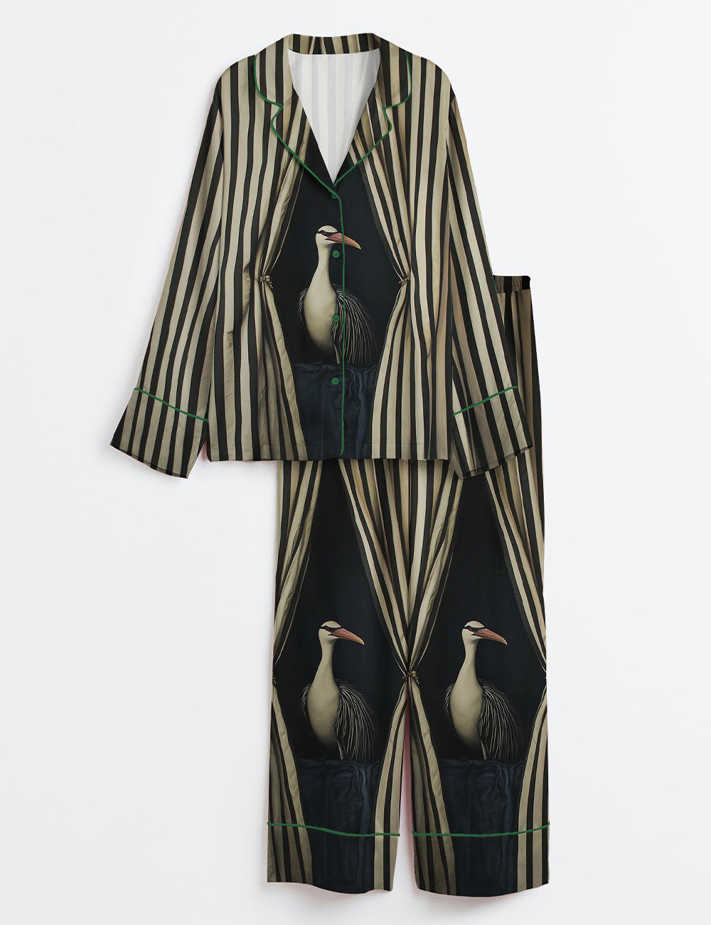 Women’s Surreal Bird Black And White Striped Curtain Modern Abstract Print Long Sleeve Satin Pajama Set