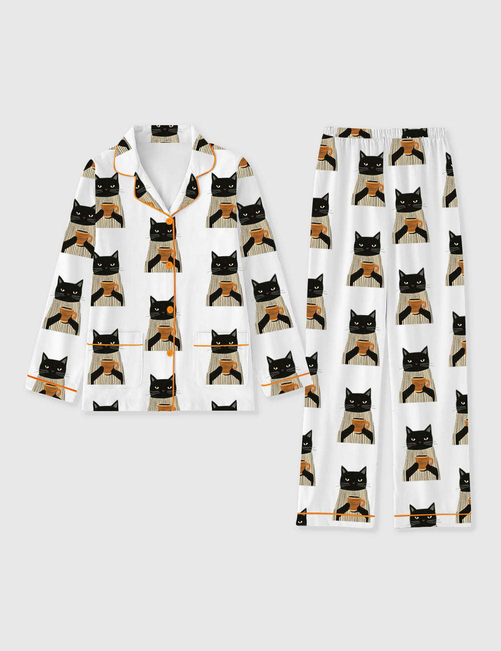 Women's Black Cat Drinking Coffee Pocket Cotton Pajama Set