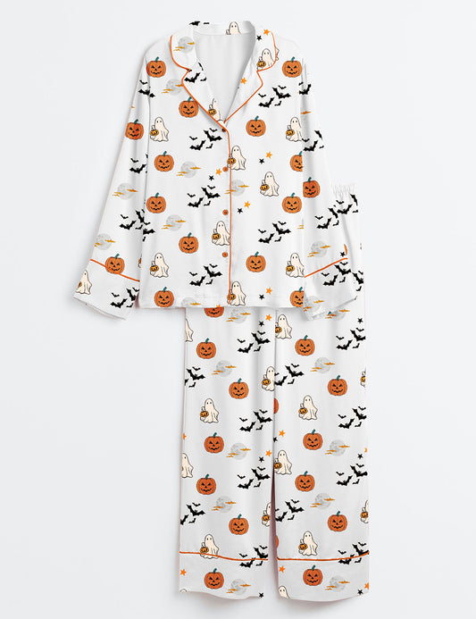 Women’s Spirit Halloween Pumpkin Boo Long Sleeve Satin Pajama Set