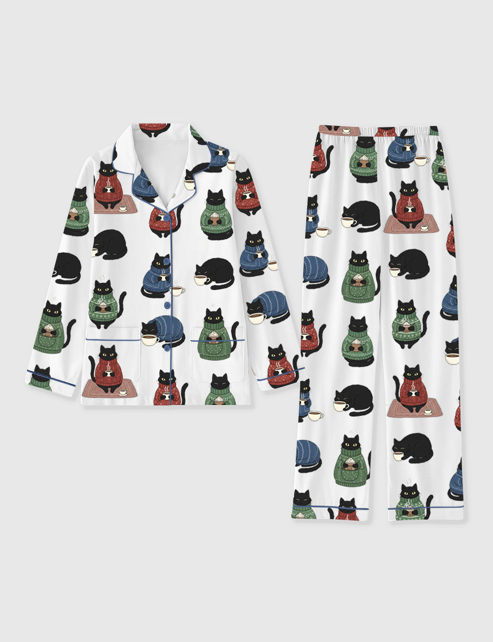 Women's Black Cat Wears Christmas Sweater And Drinking Coffee Long Sleeve Pocket Cotton Family Pajama Set