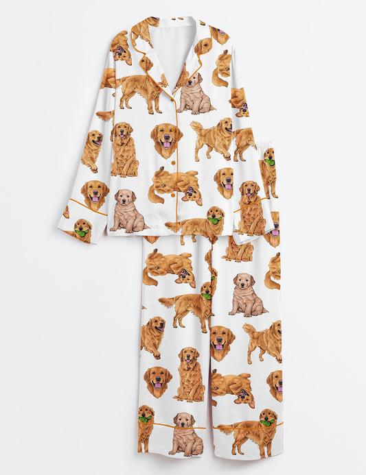 Women's Golden Retriever Dog Lover Long Sleeve Satin Pajama Set