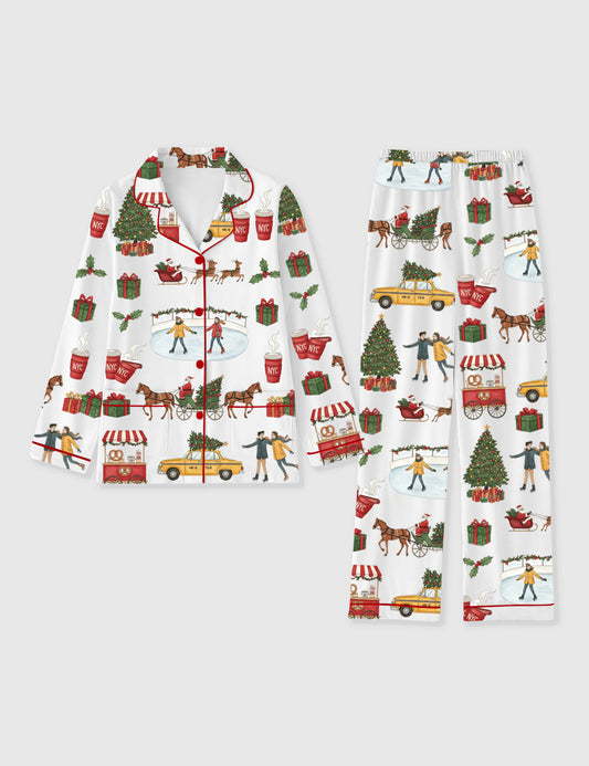 Women's Christmas In New York Long Sleeve Pocket Cotton Family Pajama Set