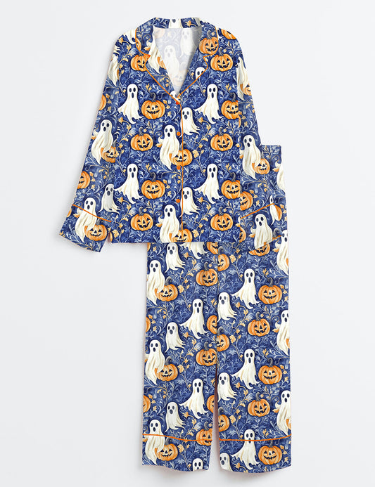 Women’s Preppy Halloween Ghost Autumn Pumpkin Toile De Juoy Fall Print Long Sleeve Satin Pajama Set