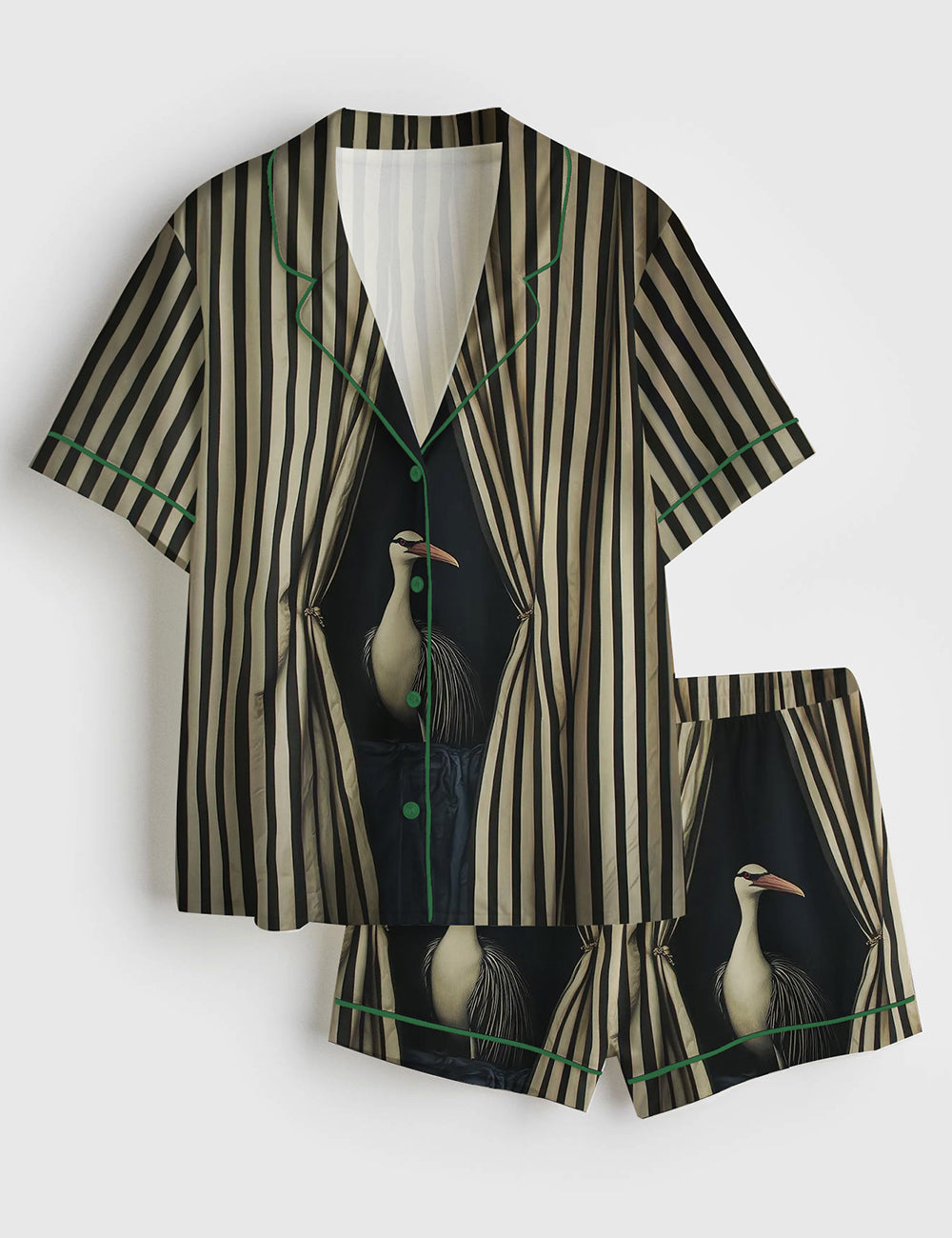 Women’s Surreal Bird Black And White Striped Curtain Modern Abstract Print Short Sleeve Satin Pajama Set