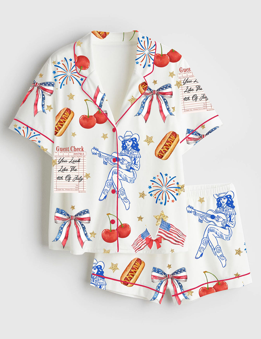 Women’s Coquette 4th Of July American Cowgirl Coquette Cowgirl Patriotic Western Short Sleeve Satin Pajama Set