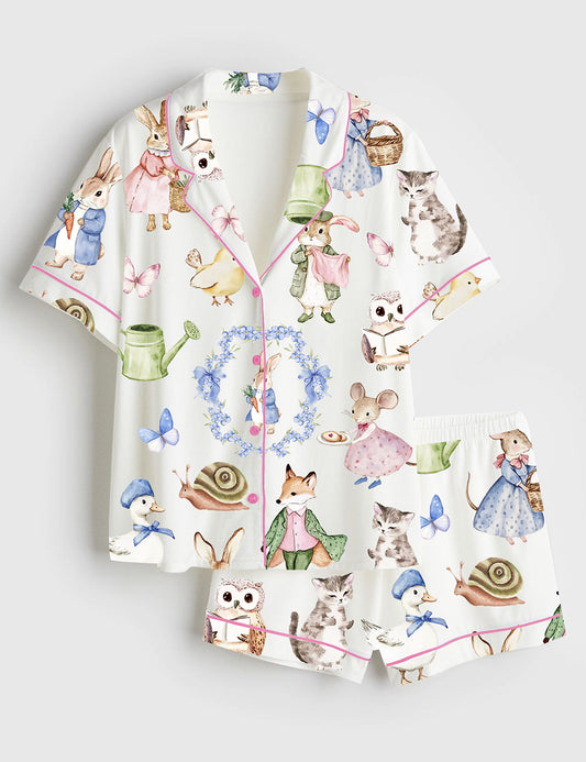 Women’s Vintage Bunnies Cottagecore Rabbits Cute Easter Watercolor Spring Print Short Sleeve Satin Pajama Set