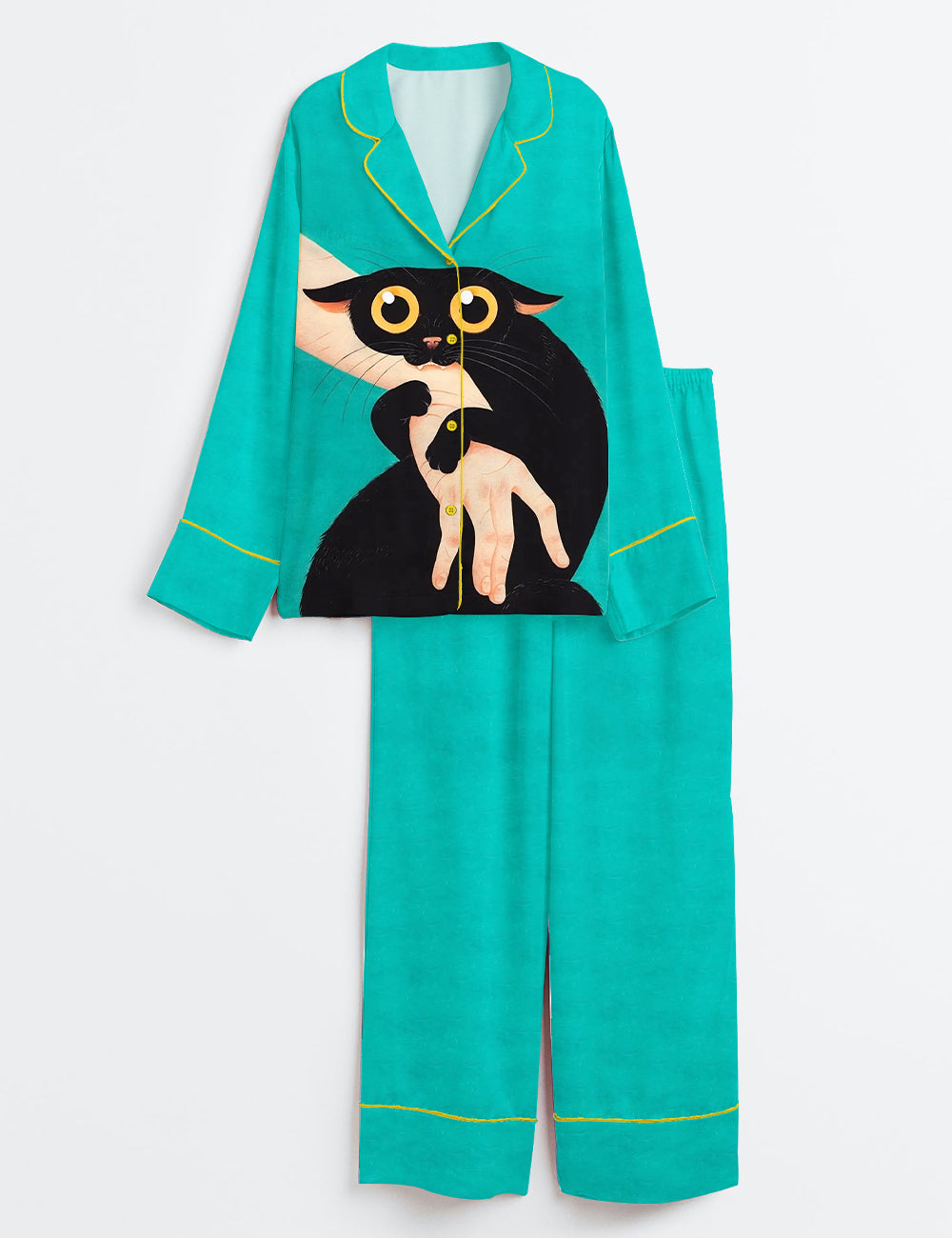 Women’s Cat Holding Human Hand Long Sleeve Satin Pajama Set