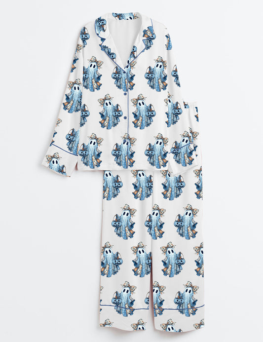Women’s Retro Halloween Blue Denim Ghost Fall Pumpkin Long Sleeve Satin Pajama Set
