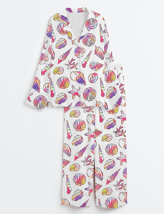Women’s Summer Beach Vibes Seashell Art Long Sleeve Satin Pajama Set