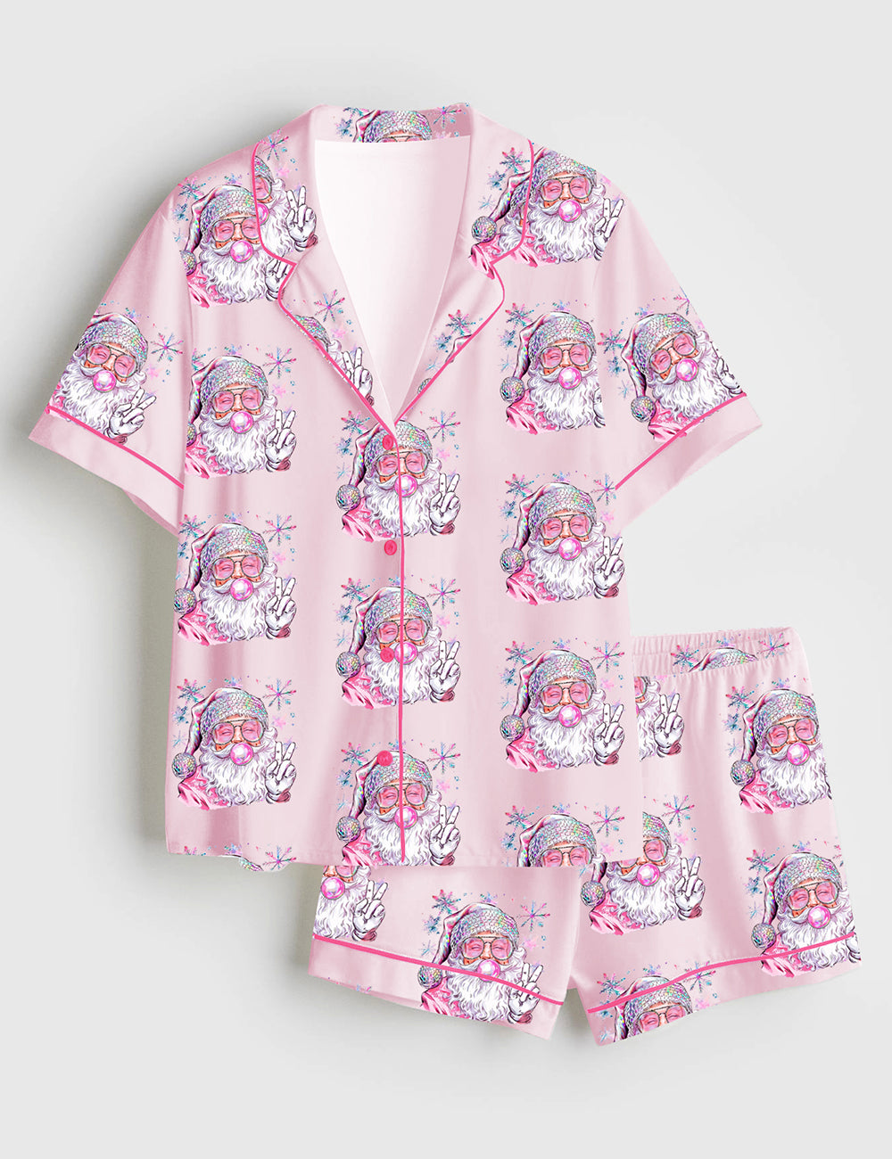 Women’s Retro Santa Christmas Blowing Bubble Funny Santa With Sunglasses Xmas Short Sleeve Satin Pajama Set