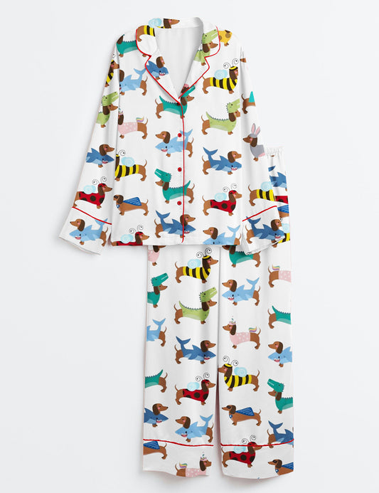 Women’s Dachshund Dogs Wear Various Skins Long Sleeve Satin Pajama Set