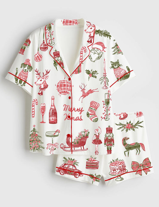 Women’s Watercolor Vintage Christmas Hand Drawn Holiday Cocktails Short Sleeve Satin Pajama Set