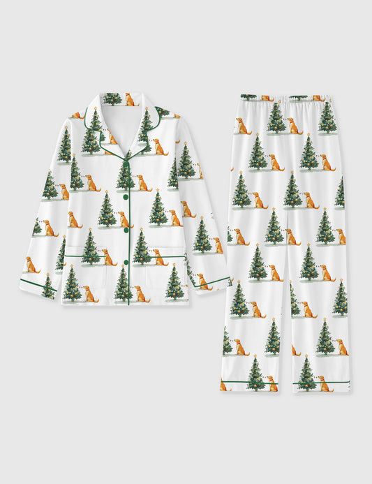 Women's Golden Retriever With Christmas Tree Long Sleeve Pocket Cotton Pajama Set