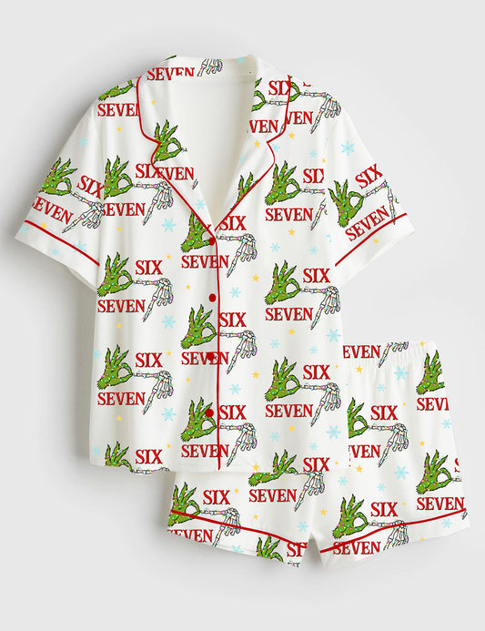 Women’s Trending Six Seven Christmas Grinch Skeleton Short Sleeve Satin Pajama Set