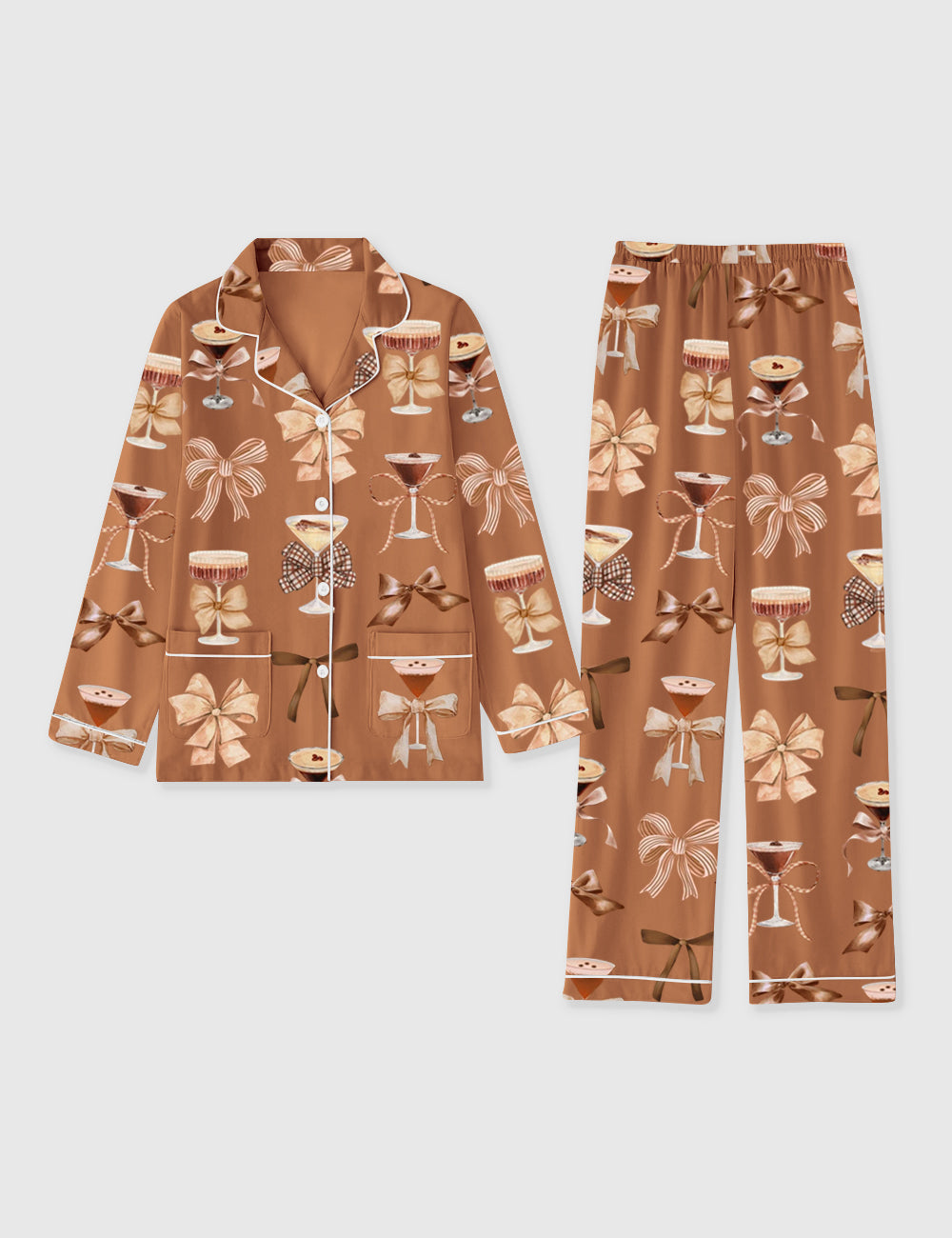 Women's Martini Espresso Cocktail Preppy Girls Night Trendy Bow Long Sleeve Pocket Cotton Pajama Set