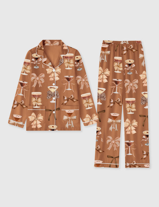 Women's Martini Espresso Cocktail Preppy Girls Night Trendy Bow Long Sleeve Pocket Cotton Pajama Set