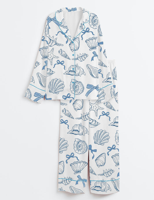 Women's Coastal Whimsical Style Coquette Seashell Summer Vibes Long Sleeve Satin Pajama Set