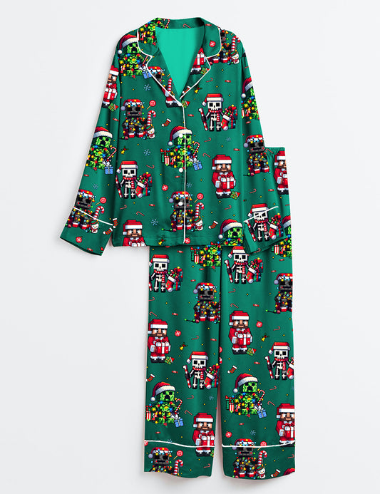 Women’s Just A Jolly Creeper Gamer Character Christmas Long Sleeve Satin Pajama Set