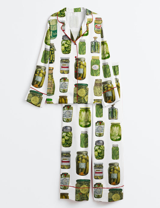 Women's Dill Pickle Collage Long Sleeve Satin Pajama Set