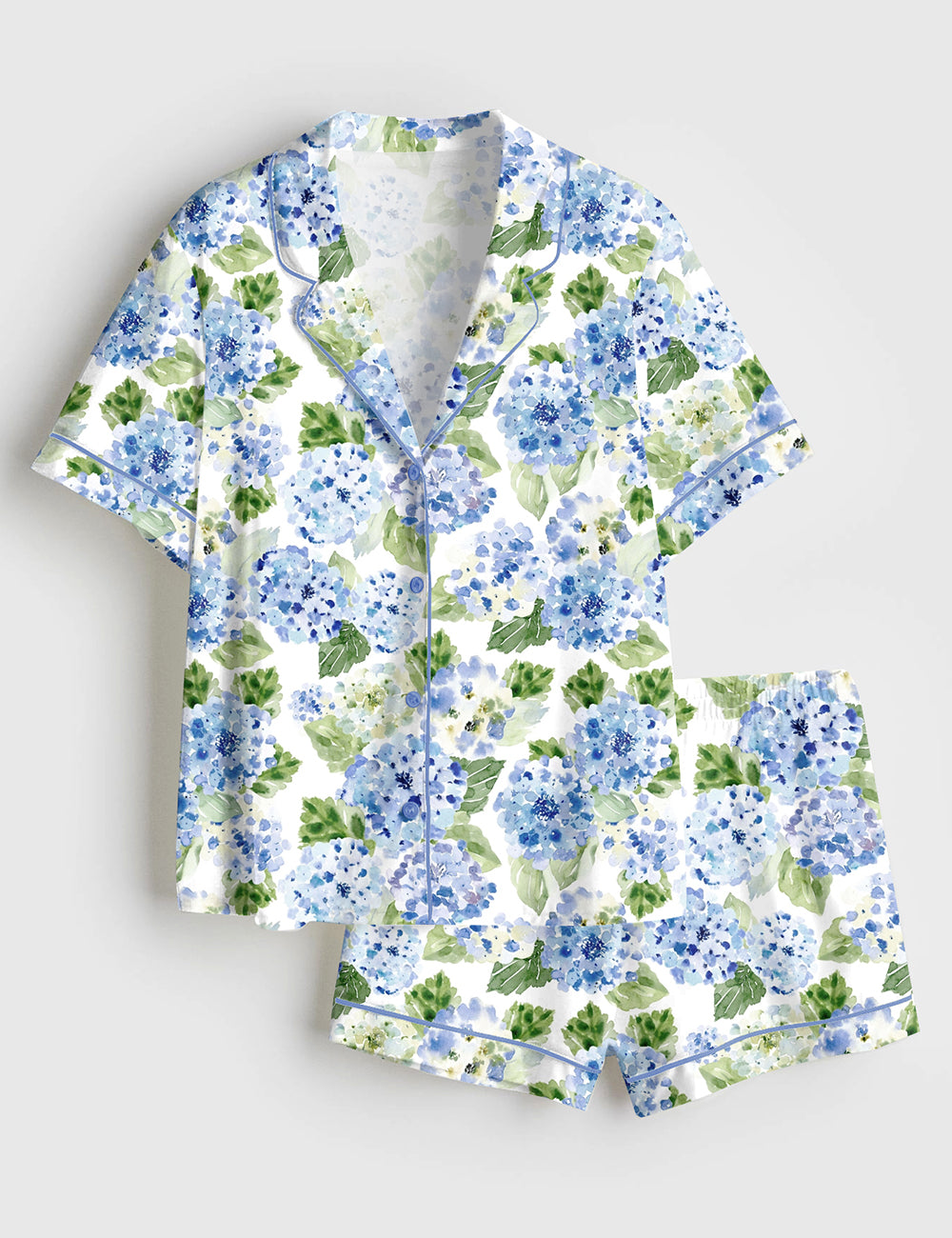 Women’s Blue Hydrangea Floral Short Sleeve Satin Pajama Set