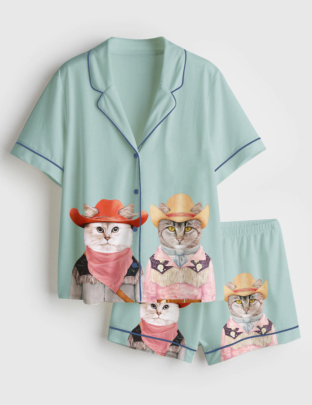 Women’s Cowboy Cats Funky Western Short Sleeve Satin Pajama Set