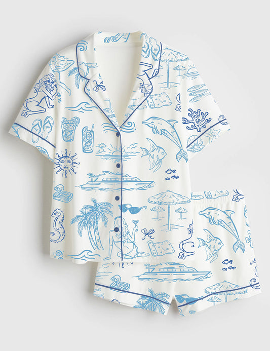Women’s Coastal Seaside Ocean Bachelorette Party Short Sleeve Satin Pajama Set