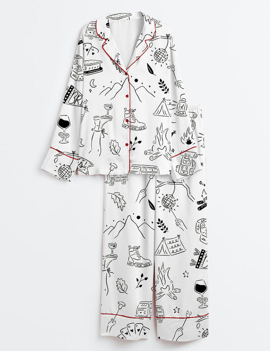 Women’s Camp Bachelorette Hand Drawn Mountain Hiking Glamping Girls Trip Print Long Sleeve Satin Pajama Set