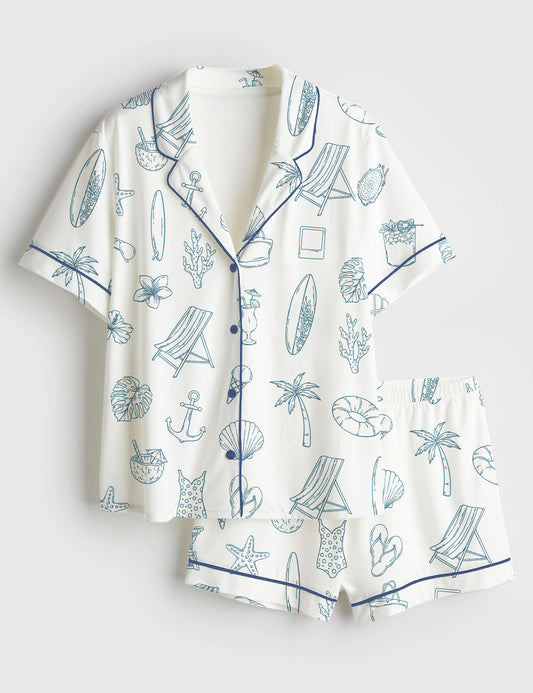 Women’s Coastal Summer Hand Drawn Nautical Beach Seaside Vacation Print Short Sleeve Satin Pajama Set