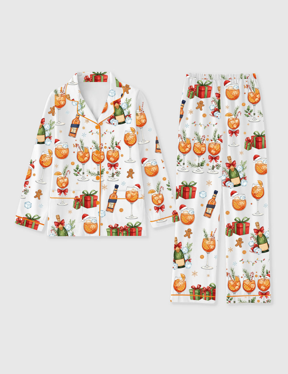 Women's Christmas Champagne Cocktail Martini Holiday Whisky Long Sleeve Pocket Cotton Family Pajama Set