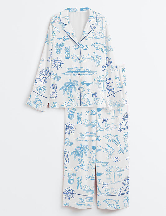 Women’s Coastal Seaside Ocean Bachelorette Party Long Sleeve Satin Pajama Set