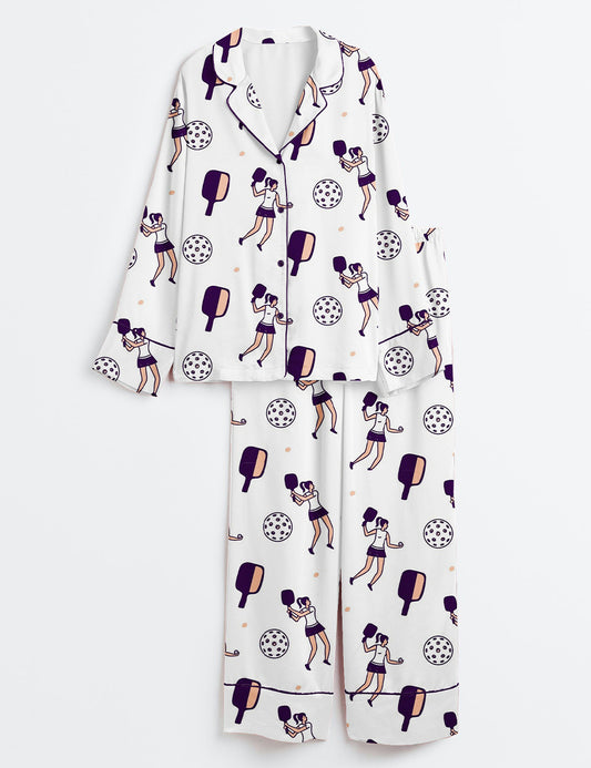 Women’s Pickleball Pattern Play Long Sleeve Satin Pajama Set