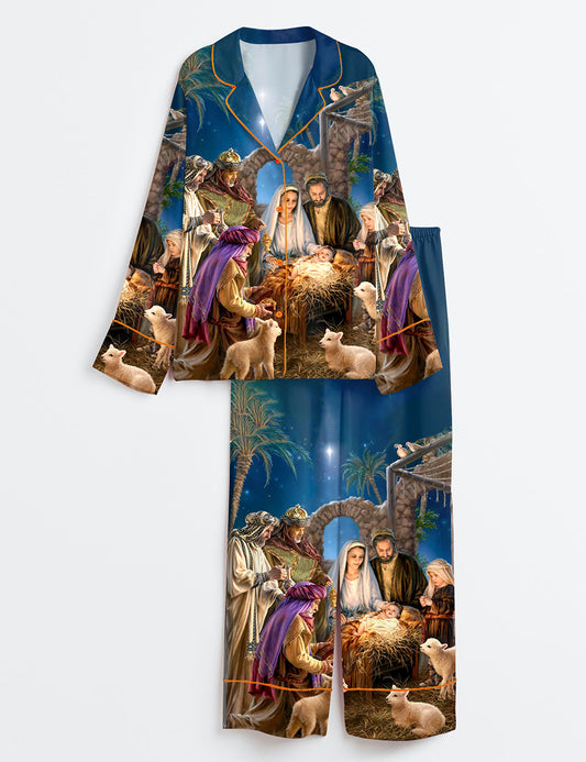 Women’s Oh Holy Night Jesus Christmas Christian Long Sleeve Satin Pajama Set