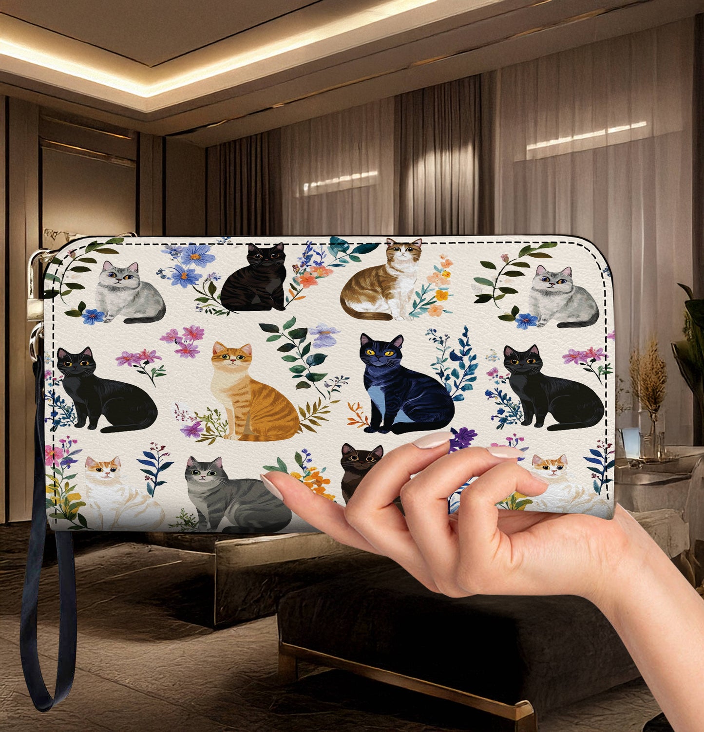 Leather Bag Charming Floral Cats