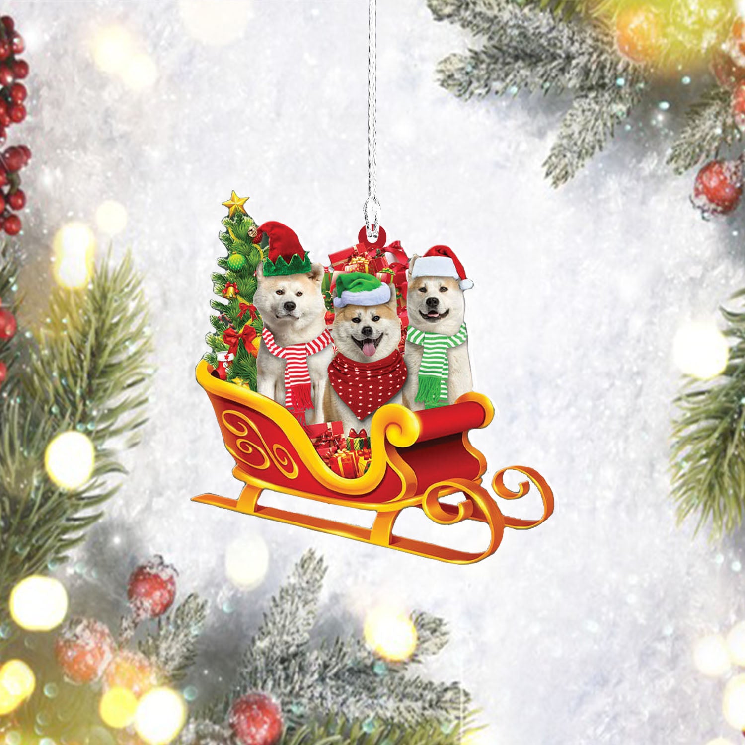 Akita Inu-Dog Christmas Sleigh Car-Two Sided Ornament-Car Ornament, Ornament Decoration, Ornament Christmas - TeeZworldVN