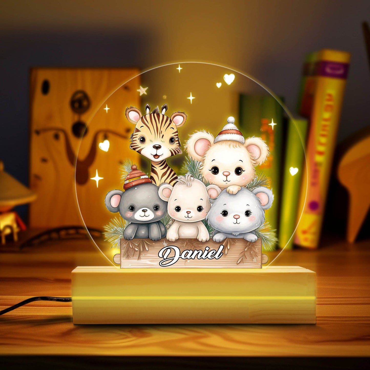 Custom Animal Night Light, Woodland Animals Forest LED Light Gift, Wooden Base Baby Gift, Children Bedroom Nursery Light, 1st Birthday Gift
