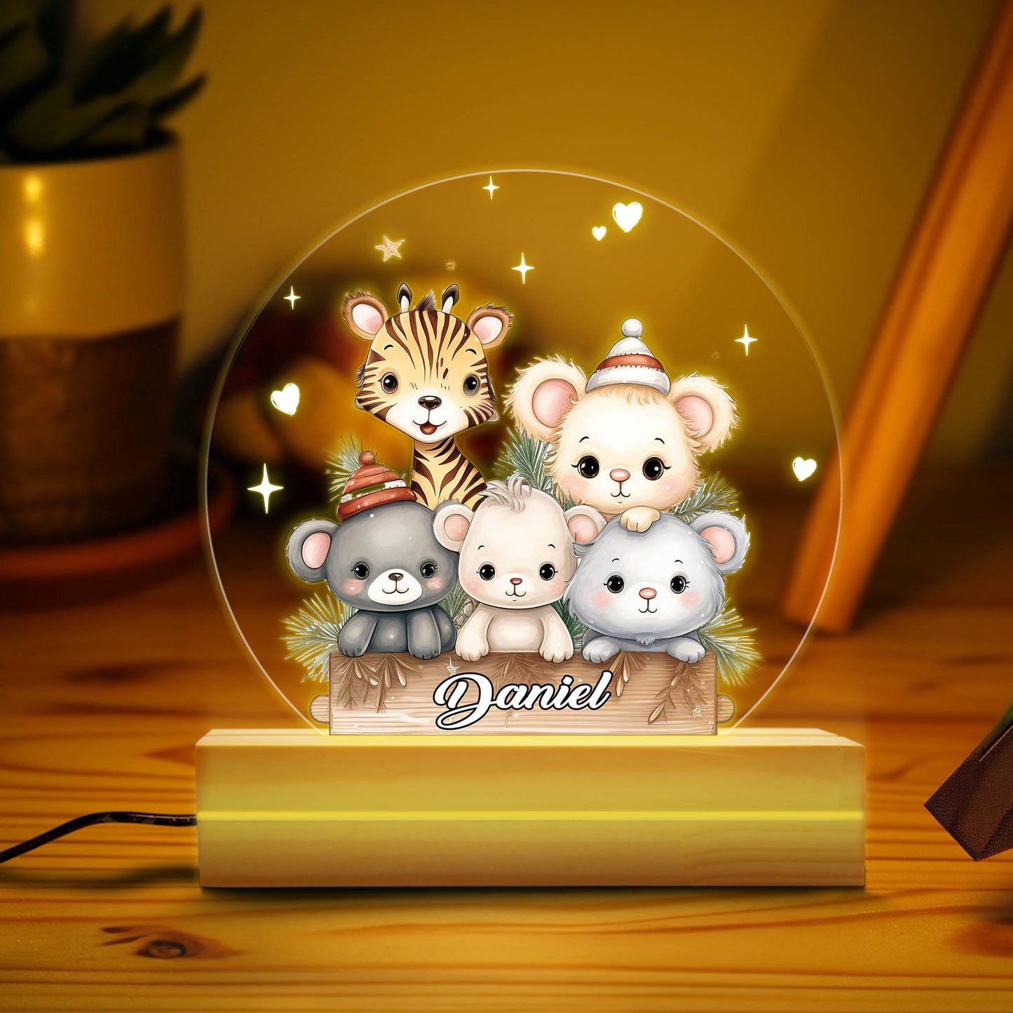 Custom Animal Night Light, Woodland Animals Forest LED Light Gift, Wooden Base Baby Gift, Children Bedroom Nursery Light, 1st Birthday Gift