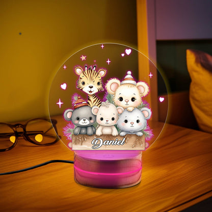 Custom Animal Night Light, Woodland Animals Forest LED Light Gift, Wooden Base Baby Gift, Children Bedroom Nursery Light, 1st Birthday Gift