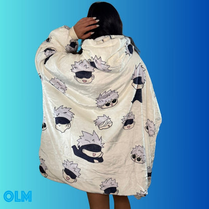 Satoru Gojo Jujutsu Kaisen Anime wearable Blanket Hoodie  oversize snuggle Sherpa  unisex adults and kids