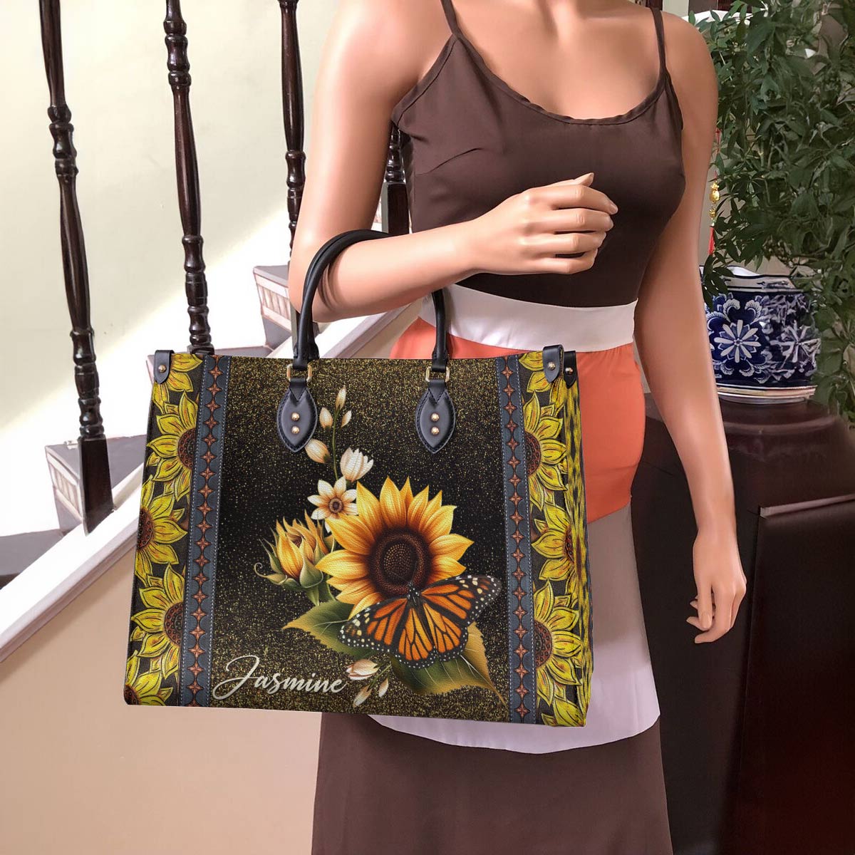 Lorva Personalized Leather Bag Golden Bloom Monarch