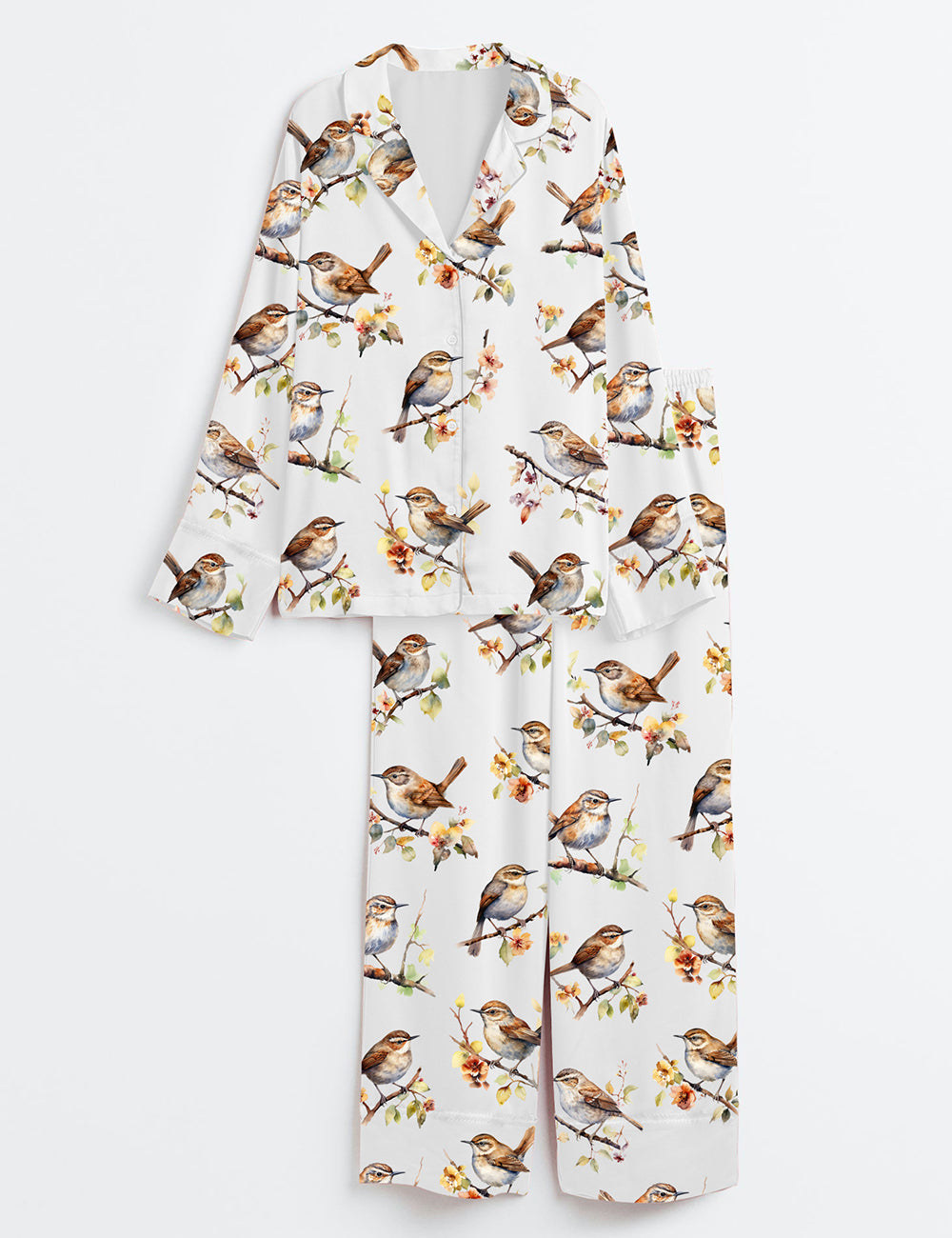 Women’s Wren Bird Nature Wildlife Long Sleeve Satin Pajama Set