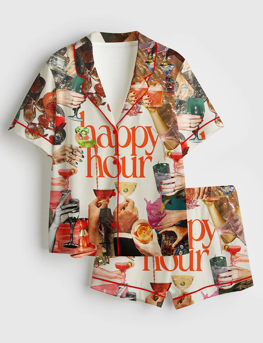 Women’s Retro Cocktail Happy Hour Bar Short Sleeve Satin Pajama Set
