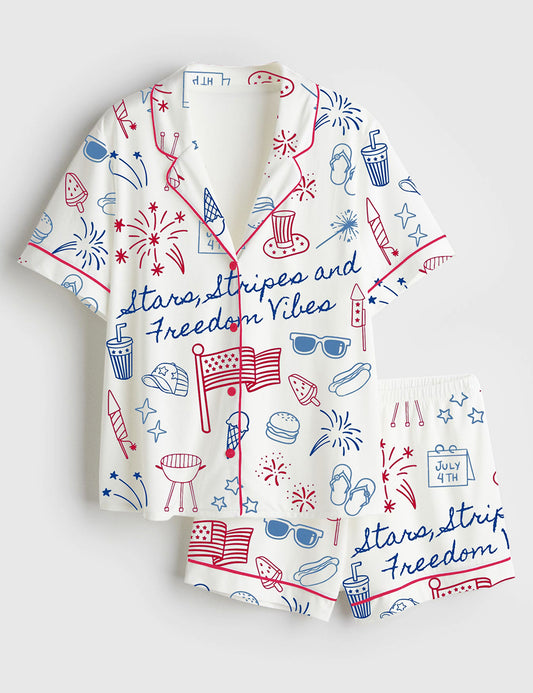 Women’s Stars Stripes And Freedom Vibes 4th Of July Patriotic America Print Short Sleeve Satin Pajama Set