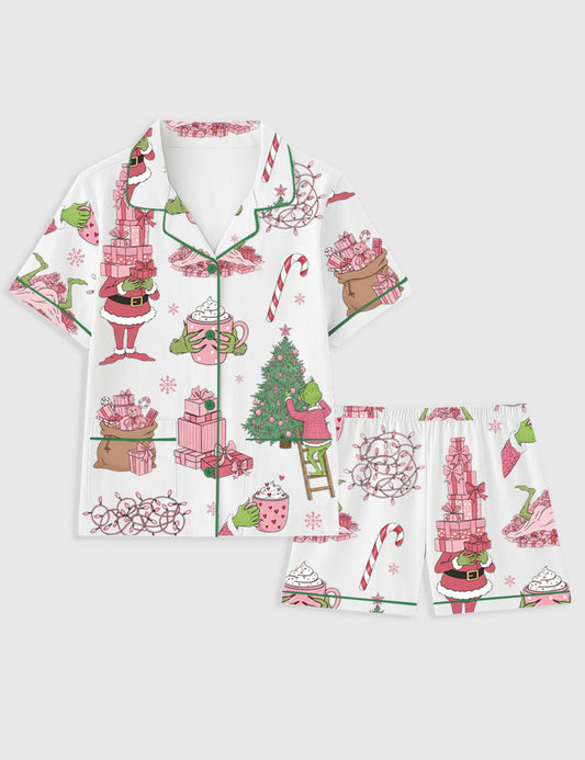 Women's Pink Grinch Christmas Tree Holiday Gifts Short Sleeve Pocket Cotton Family Pajama Set